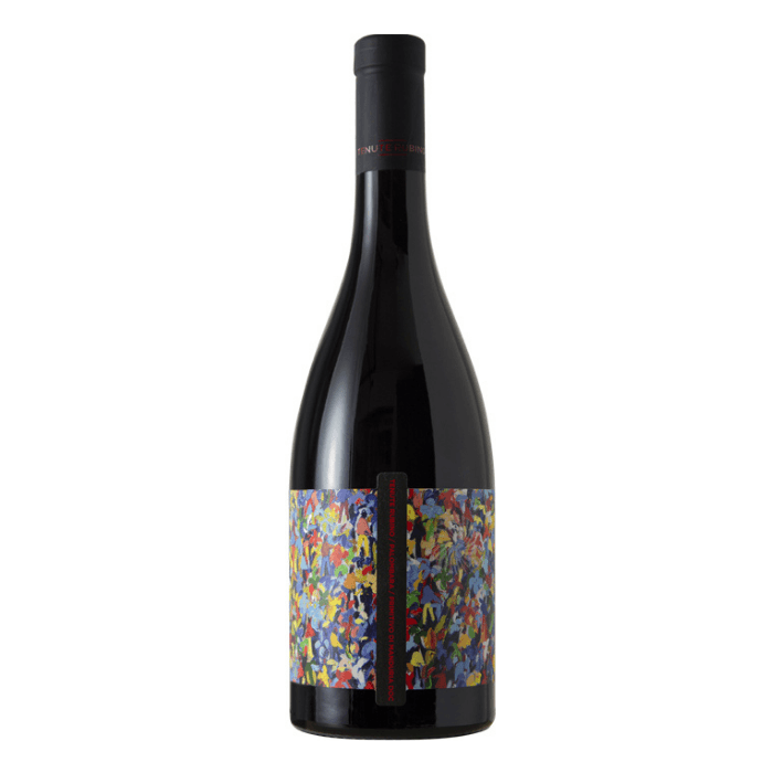 Palombara Primitivo di Manduria DOC by Tenute Rubino, featuring a colorful artistic label.