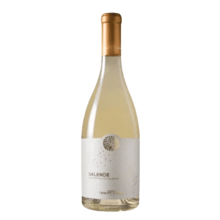 Tenute Rubino Salento Bianco IGT wine bottle showcasing bright straw-yellow color and elegant design.