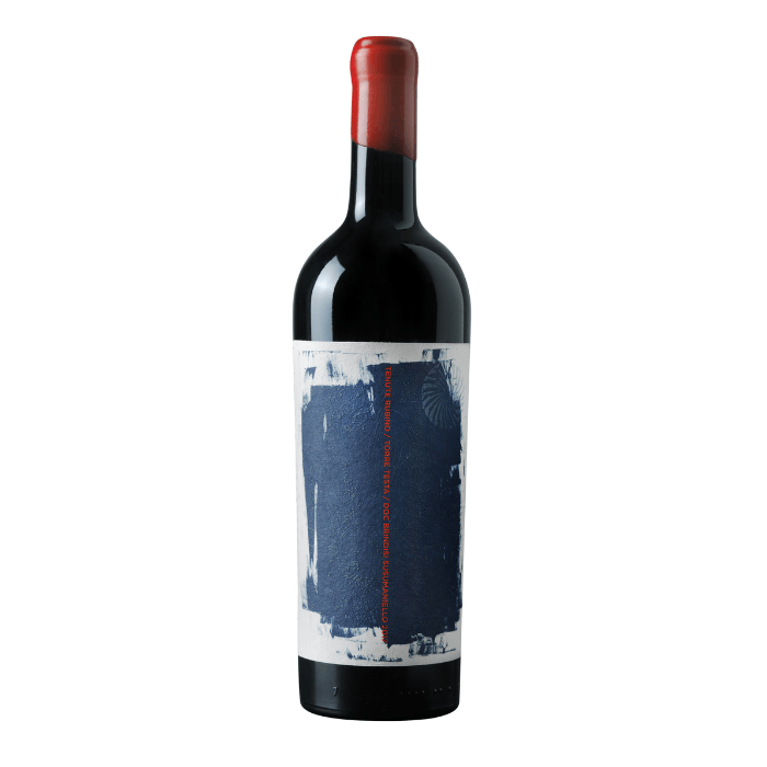 Torre Testa Brindisi DOC 2019 bottle with red cap and artistic label from Tenute Rubino