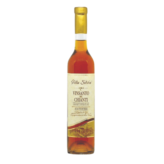 VIN SANTO del Chianti DOC bottle, showcasing Tuscan Vin Santo wine with amber-gold color and rich aromas.